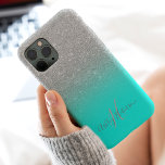 Capa Para iPhone 11 Monograma de téal de glitter prateado<br><div class="desc">Glitter ombre cinza-prateado monograma em um aqua de chá brilhante editável.</div>