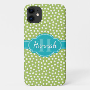Capa Para iPhone 11 Monograma de Teal de Padrão Branco Verde Pontilha