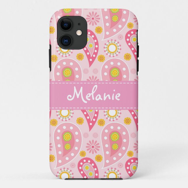 Capa Para iPhone 11 Monograma do iPhone de Paisley Rosa Personalizado (Verso)
