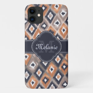Capa Para iPhone 11 Monograma do Marinho Ikat Cor-de-Rosa Dourada