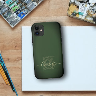 Capa Para iPhone 11 Monograma do nome C do bege verde minimalista