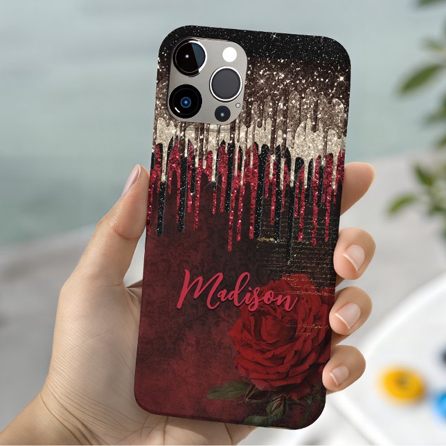 Capa Para iPhone 11 Monograma do ouro de flores vermelhas quic (Criador carregado)