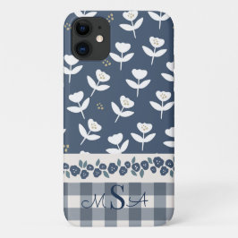 Capa Para iPhone 11 Monograma do Padrão Farmário Floral Azul bonito