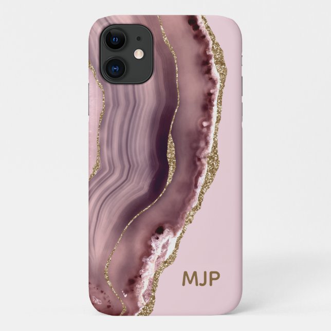 Capa Para iPhone 11 Monograma Dourado de Geodo de Agato Rosa e Púrpura (Verso)