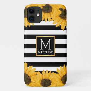 Capa Para iPhone 11 Monograma Dourado de girassol branco-preto