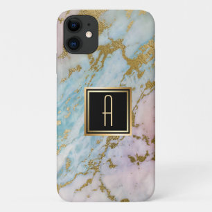 Capa Para iPhone 11 Monograma Dourado de mármore pálido de turquesa