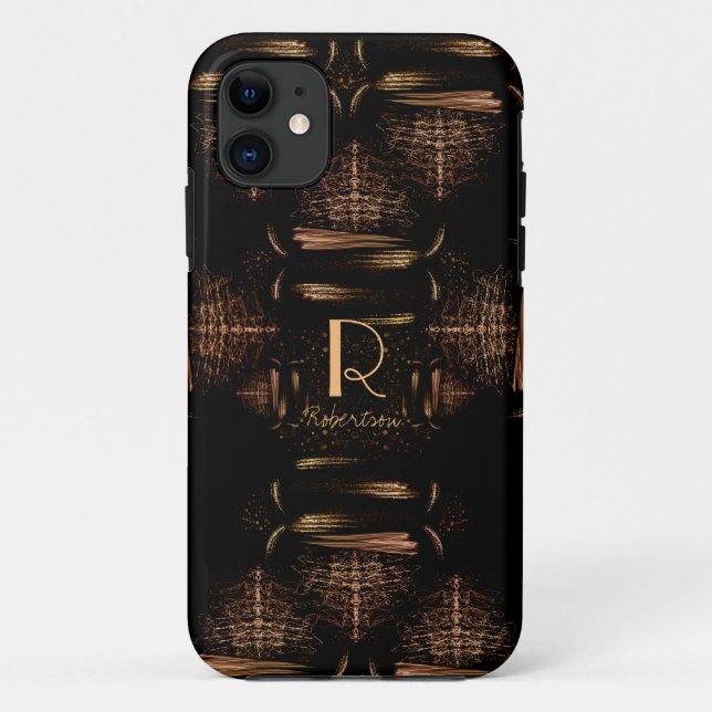 Capa Para iPhone 11 Monograma Dourado e preto elegante moderno (Verso)