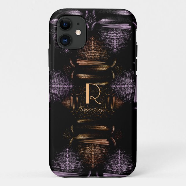 Capa Para iPhone 11 Monograma Dourado e Roxo Elegante moderno (Verso)