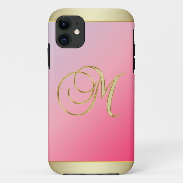 Capa Para iPhone 11 Monograma Dourado - Letra M, rosa elegante (Verso)