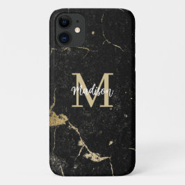 Capa Para iPhone 11 Monograma Dourado Mármore Negro Moderno