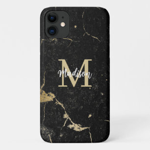 Capa Para iPhone 11 Monograma Dourado Mármore Negro Moderno