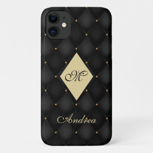 Capa Para iPhone 11 Monograma Dourado preto elegante tufado