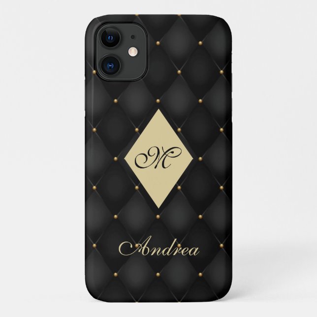 Capa Para iPhone 11 Monograma Dourado preto elegante tufado (Verso)