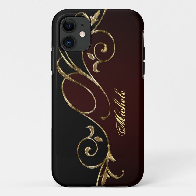 Capa Para iPhone 11 Monograma Dourado Real Burgundy (Verso)