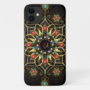 Capa Para iPhone 11 Monograma Dourado Turquiose Red Mandala Jewel