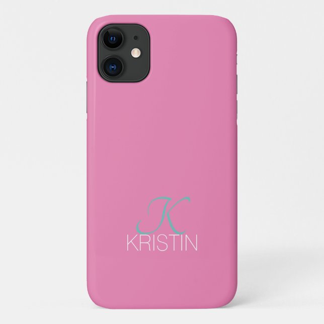 Capa Para iPhone 11 Monograma e Nome do Script Teal Elegante, rosa (Verso)