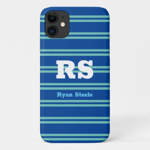Capa Para iPhone 11 Monograma e Nome em Negrito, Linhas Azul Claro em