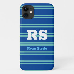 Capa Para iPhone 11 Monograma e Nome Negrito, Lt. Linhas Teais em Azul