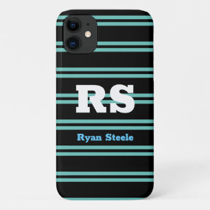 Capa Para iPhone 11 Monograma e Nome Negrito, Lt. Linhas Teais em Pret
