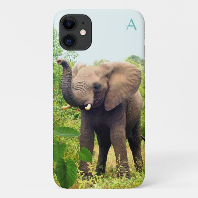 Capa Para iPhone 11 Monograma, elefante selvagem e plantas tropicais (Verso)