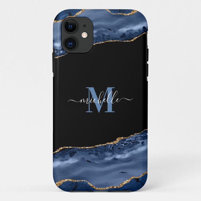 Capa Para iPhone 11 Monograma Elegante, Blue, Black & Dourado Agate Ge (Verso)