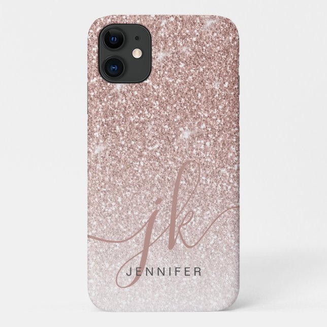 Capa Para iPhone 11 Monograma Elegante com brilho Dourado Rosa (Verso)