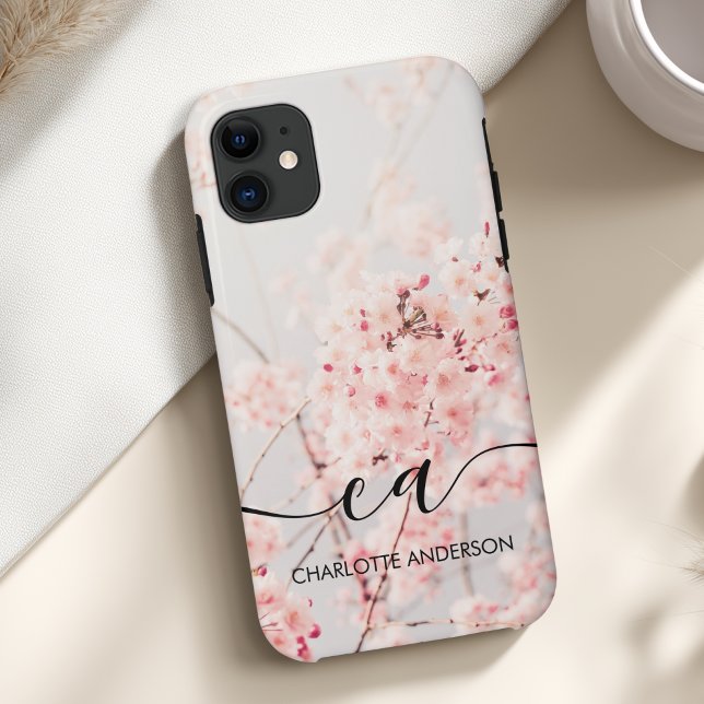 Capa Para iPhone 11 Monograma Elegante de Cherry Blossom (Cherry Blossom Monogram Elegant Custom Case-Mate iPhone Case with your Monogram, Name or Text.)