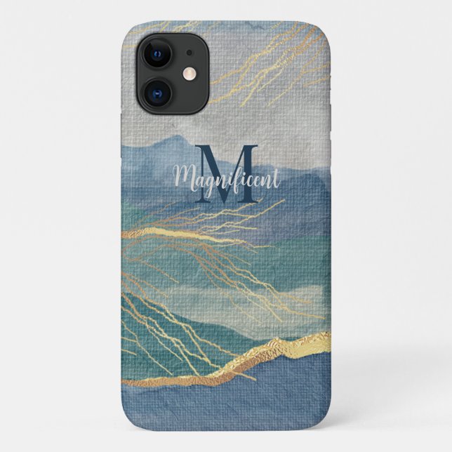 Capa Para iPhone 11 Monograma Elegante Dourada Paisagem Azul (Verso)
