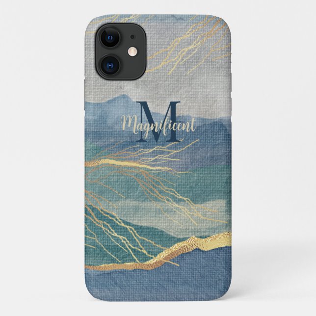 Capa Para iPhone 11 Monograma Elegante Dourada Paisagem Azul (Verso)