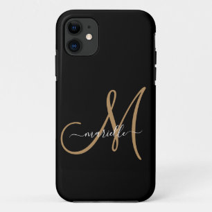 Capa Para iPhone 11 Monograma Elegante Nome Dourado Preto