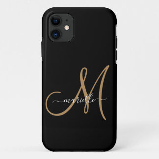 Capa Para iPhone 11 Monograma Elegante Nome Dourado Preto