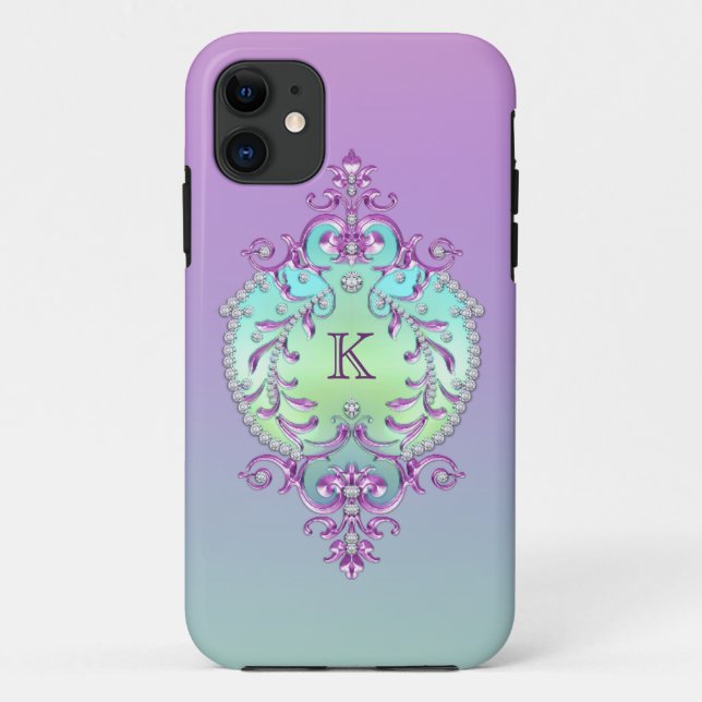 Capa Para iPhone 11 Monograma elegante, ornamentado dos diamantes (Verso)