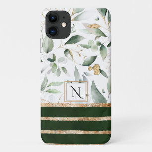 Capa Para iPhone 11 Monograma Floral Botânica Dourada de Cor da Água
