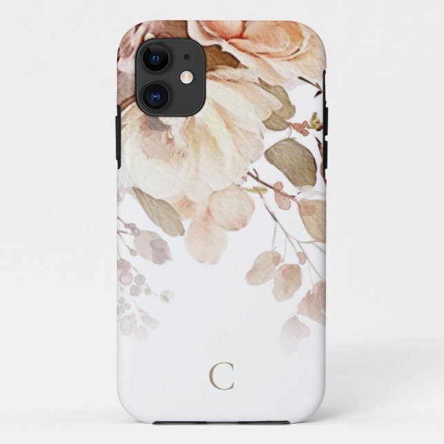 Capa Para iPhone 11 Monograma Floral de Aquarela Elegante (Verso)
