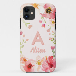 Capa Para iPhone 11 Monograma floral de aquarela + personalização de n