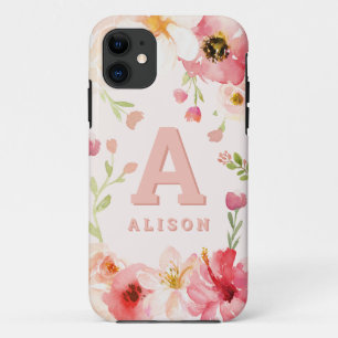 Capa Para iPhone 11 Monograma floral de aquarela + personalização de n