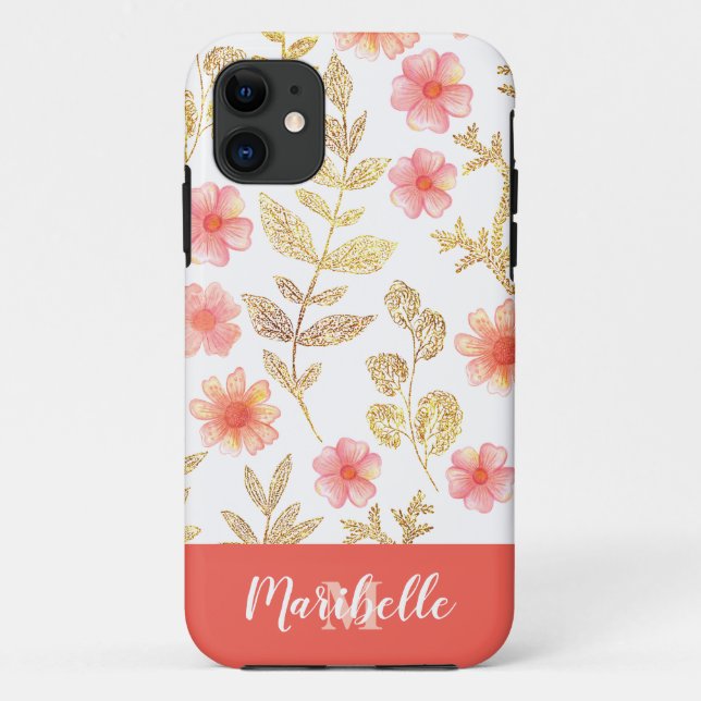 Capa Para iPhone 11 Monograma Floral de Falhas Douradas (Verso)
