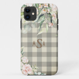 Capa Para iPhone 11 Monograma Floral de Gingham Tan, Xadrez Rosa e Bra