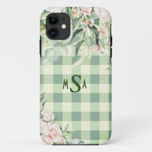 Capa Para iPhone 11 Monograma Floral de Gingham, Xadrez Verde e Branco