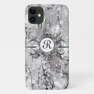 Capa Para iPhone 11 Monograma floral de inverno de rosa branca
