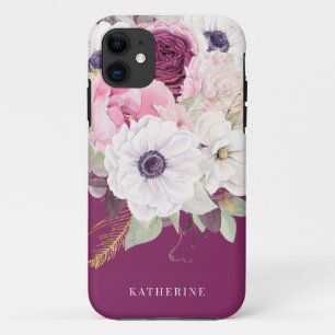Capa Para iPhone 11 Monograma Floral Elegante Blush Peony Burgundy