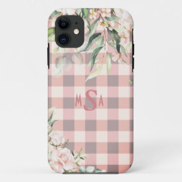Capa Para iPhone 11 Monograma Floral Gingham, Xadrez Rosa e Branco