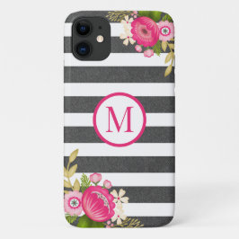 Capa Para iPhone 11 Monograma Floral Preto Branco Elegante