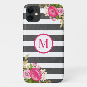 Capa Para iPhone 11 Monograma Floral Preto Branco Elegante