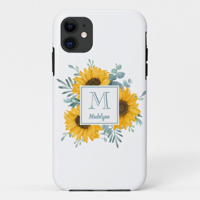 Capa Para iPhone 11 Monograma Floral Sunflower Personalizado (Verso)
