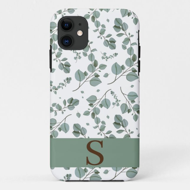 Capa Para iPhone 11 Monograma Floral Verde Folha Folha e Folha Branca (Verso)