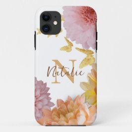 Capa Para iPhone 11 Monograma - Foto das flores Beige Rosa Elegante