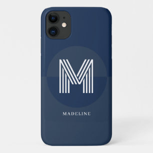 Capa Para iPhone 11 Monograma Geométrico Moderno Azul Marinho na moda