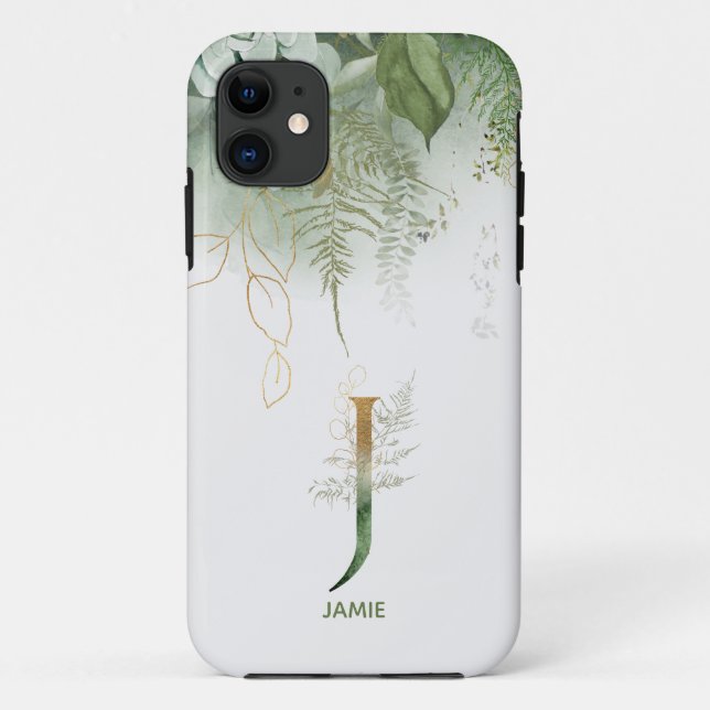 Capa Para iPhone 11 Monograma - Letra J Elegante Ferns (Verso)