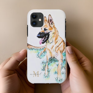 Capa Para iPhone 11 Monograma Malinois Pastor Alemão em Aquarela